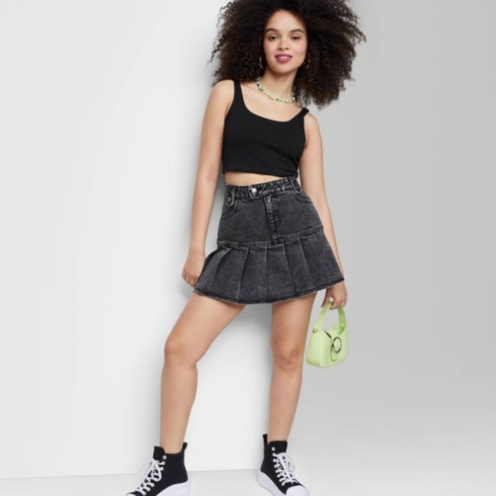 Wild Fable Pleated Black Wash High Rise Denim Skirt 6